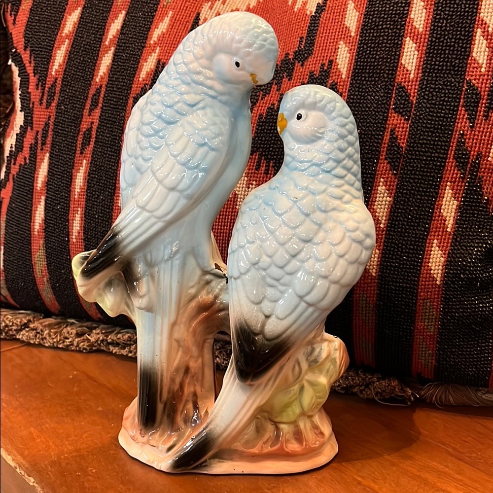 Vintage Blue and White Parakeet Ceramic Figurine